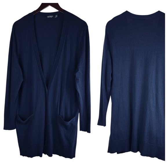 Ralph Lauren Long Cardigan Sweater 2X 18 20 XXL Navy Blue Pockets V-Neck Coastal - Picture 2 of 4
